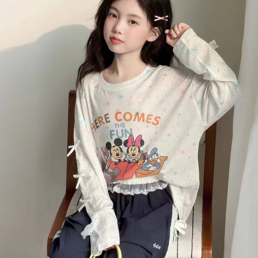 女童长袖t恤2026夏季新款洋气防晒罩衫中大童卡通薄款上衣130-180