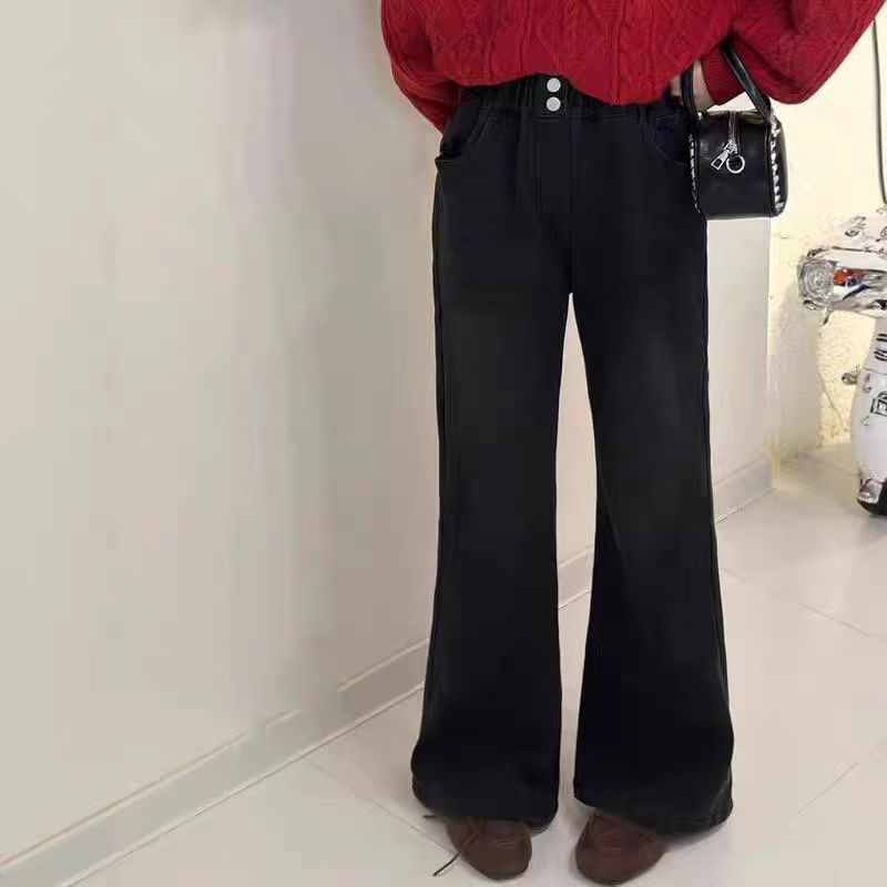 品牌女童加绒牛仔裤2025冬季新款女孩喇叭裤加厚休闲裤120-170