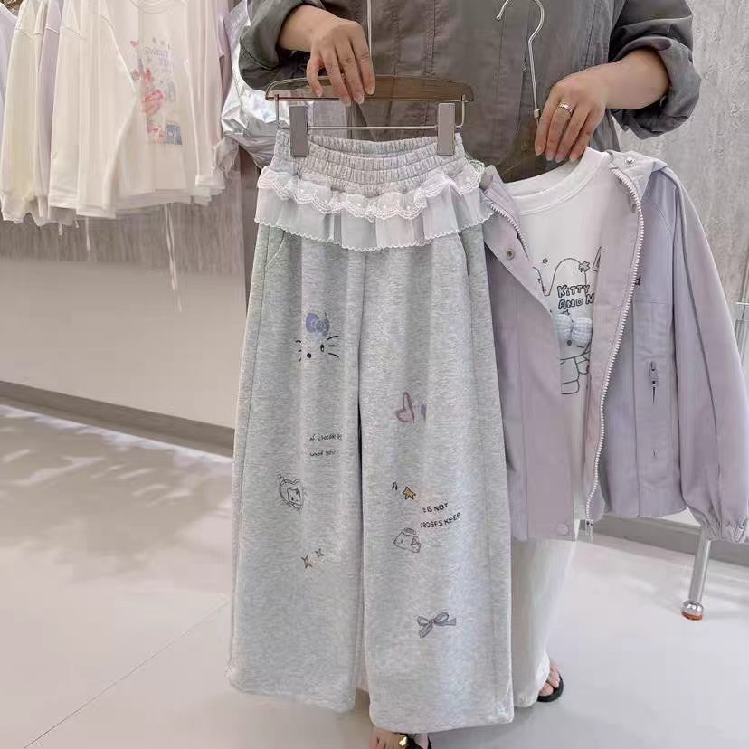 女童运动裤2026秋季新款女孩蕾丝花边直筒裤洋气休闲卫裤潮中大童