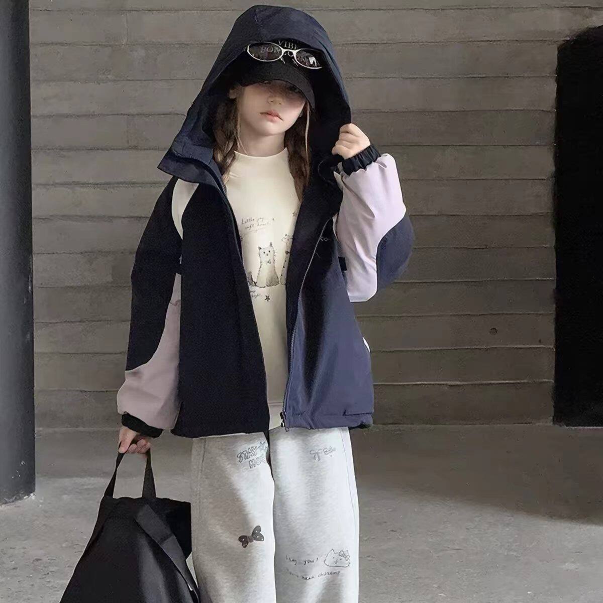 女童冲锋衣2026秋冬季新款女孩加绒加厚棉服拼接休闲外套120-160
