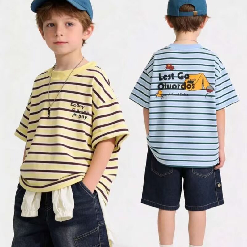 品牌男童短袖2026夏季新款男孩洋气条纹半袖圆领T恤上衣潮120-160