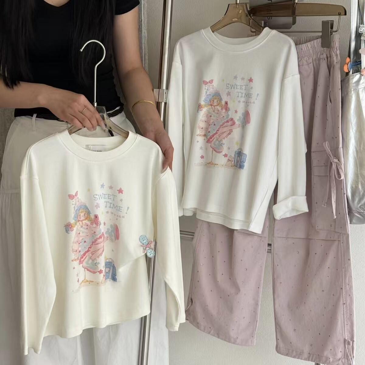 女童打底衫2026秋季新款女孩卡通圆领白色长袖T恤休闲上衣120-160