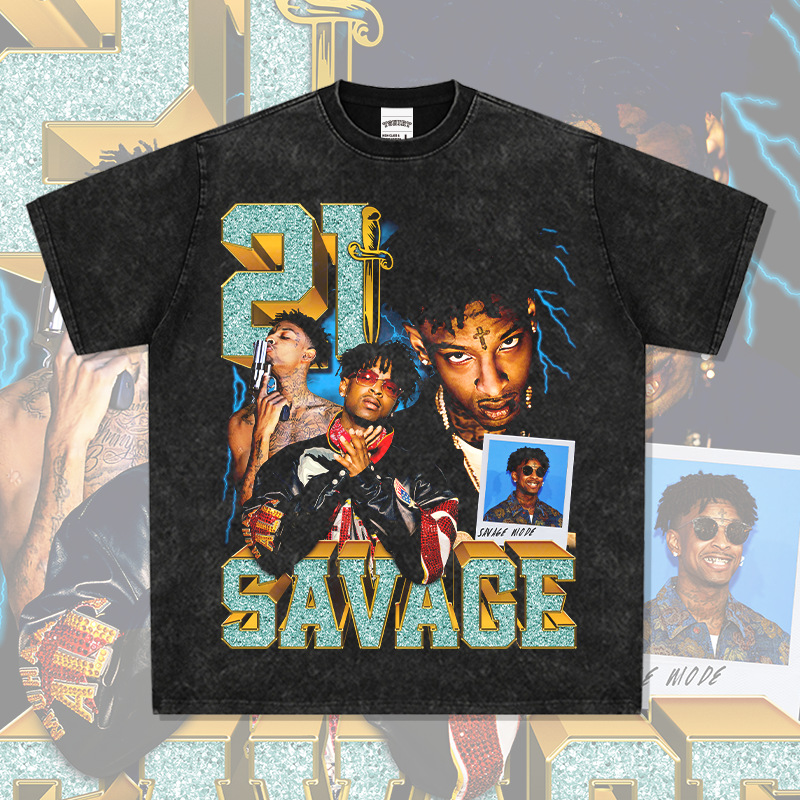 嘻哈21 SAVAGE印花美式复古hiphop高街短袖T恤水洗重磅纯棉打底衫