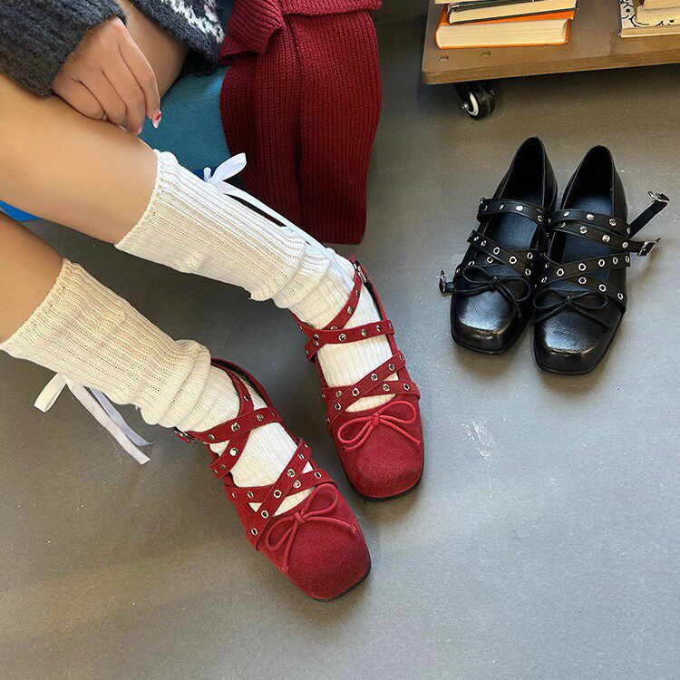 牛皮版～复古小香风蝴蝶芭蕾舞鞋女铆钉小众玛丽珍鞋浅口平底单鞋