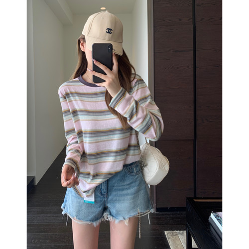 AMR UU◆韩系慵懒 时髦拼色条纹显瘦上衣防晒衣女长袖T恤夏新款