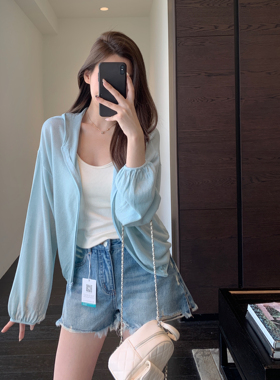 AMR UU◆定染蓝 显白减龄凉感连帽防晒开衫短款外套女上衣春夏新