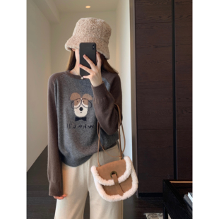 时髦拼色落肩袖 AMR 气减龄 元 显瘦卡通提花针织毛衣女秋冬新