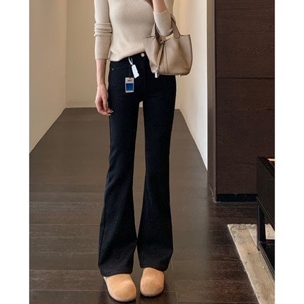 AMR UU◆显腿长 加绒加厚高腰显瘦黑色喇叭裤女牛仔裤秋冬季新款