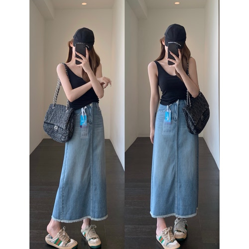 AMR UU◆显腿长高腰A字牛仔半身裙显瘦毛边开叉中长裙女春夏新款