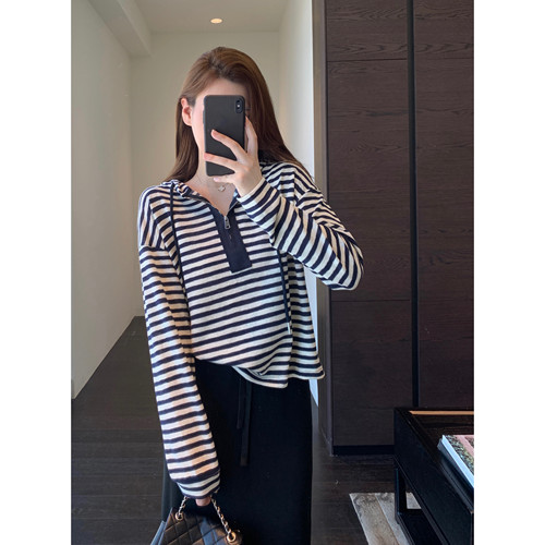 AMR UU◆条纹控B入 洋气撞色半拉链连帽衫宽松显瘦薄卫衣女秋新款