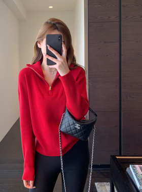 AMR UU◆节日氛围感 设计感小众翻领红色显白毛衣针织衫女上衣新