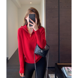 设计感小众翻领红色显白毛衣针织衫 节日氛围感 女上衣新 AMR