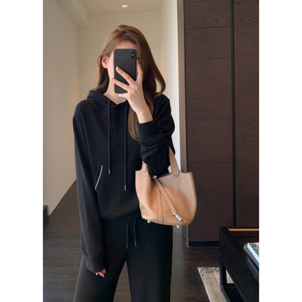 AMR UU◆重磅真丝羊绒混纺保暖连帽卫衣阔腿裤女连帽套装2025新款