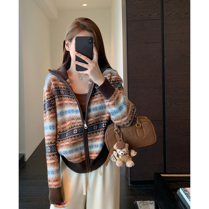 AMR UU◆时髦洋气 氛围感费尔岛拉链开衫高领毛衣女2025新款秋冬