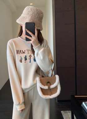 AMR UU◆时髦减龄 加绒圆领卡通刺绣正肩卫衣外套女上衣2025新款