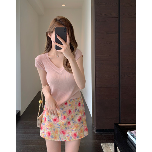 AMR UU◆法式温柔 少女感粉色碎花短裙高腰显瘦A字半身裙女夏新款
