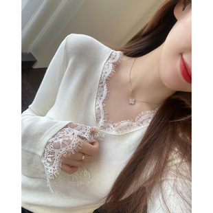 毛衣女秋冬新款 法式 设计感侧腰褶皱蕾丝拼接针织衫 浪漫 AMR