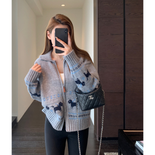 慵懒时髦提花针织开衫 氛围感 拉链翻领毛衣外套女秋冬新 AMR