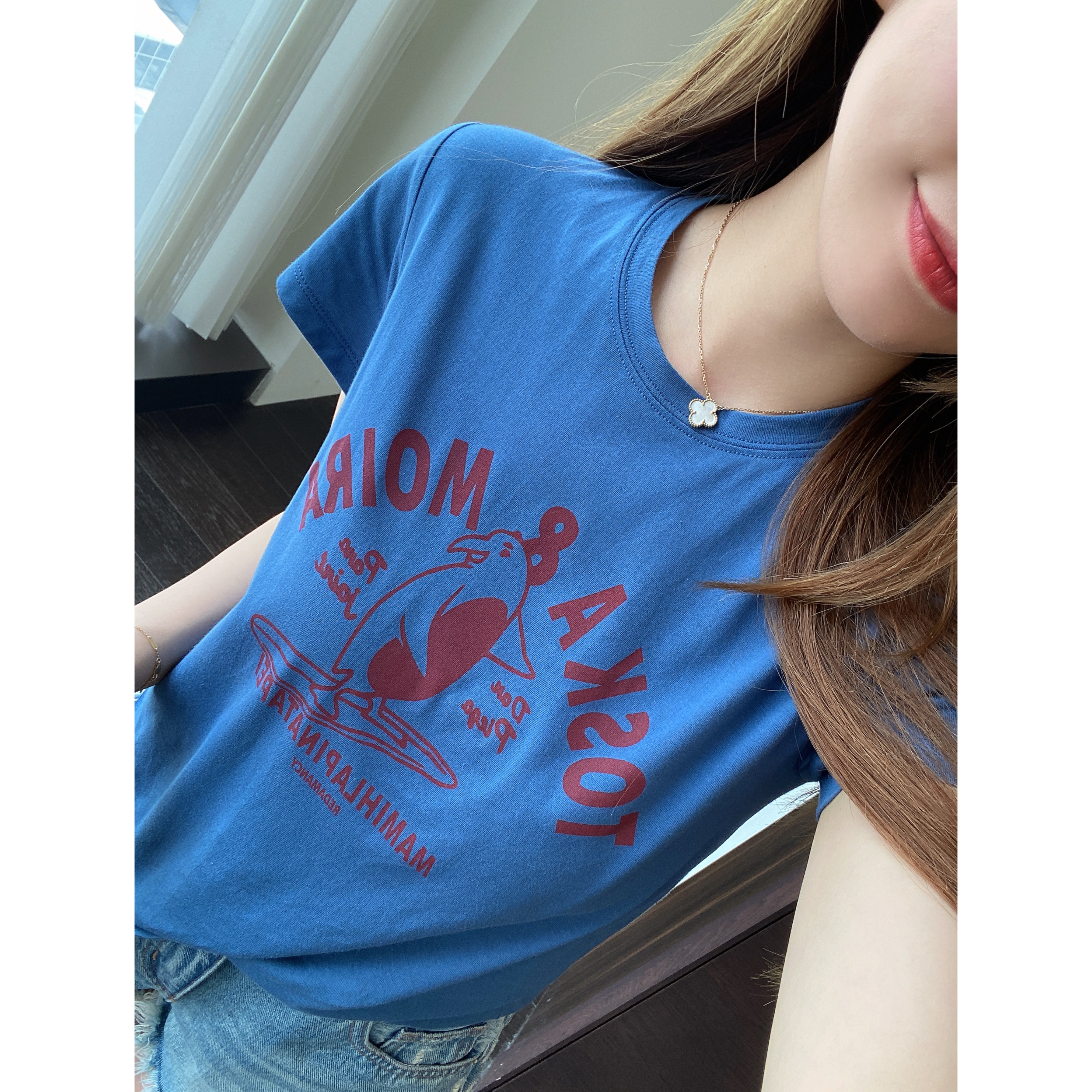 AMR UU◆显白蓝色宽松显瘦百搭圆领半袖长衣印花短袖t恤女春夏新