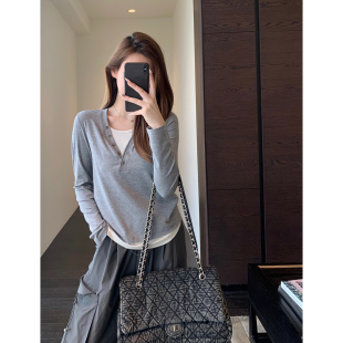 T恤女打底衫 AMR 时髦假两件宽松显瘦长袖 设计感小众 春夏新