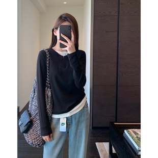 T恤女秋冬新款 设计感小众 天丝羊毛长袖 时髦假两件打底衫 AMR