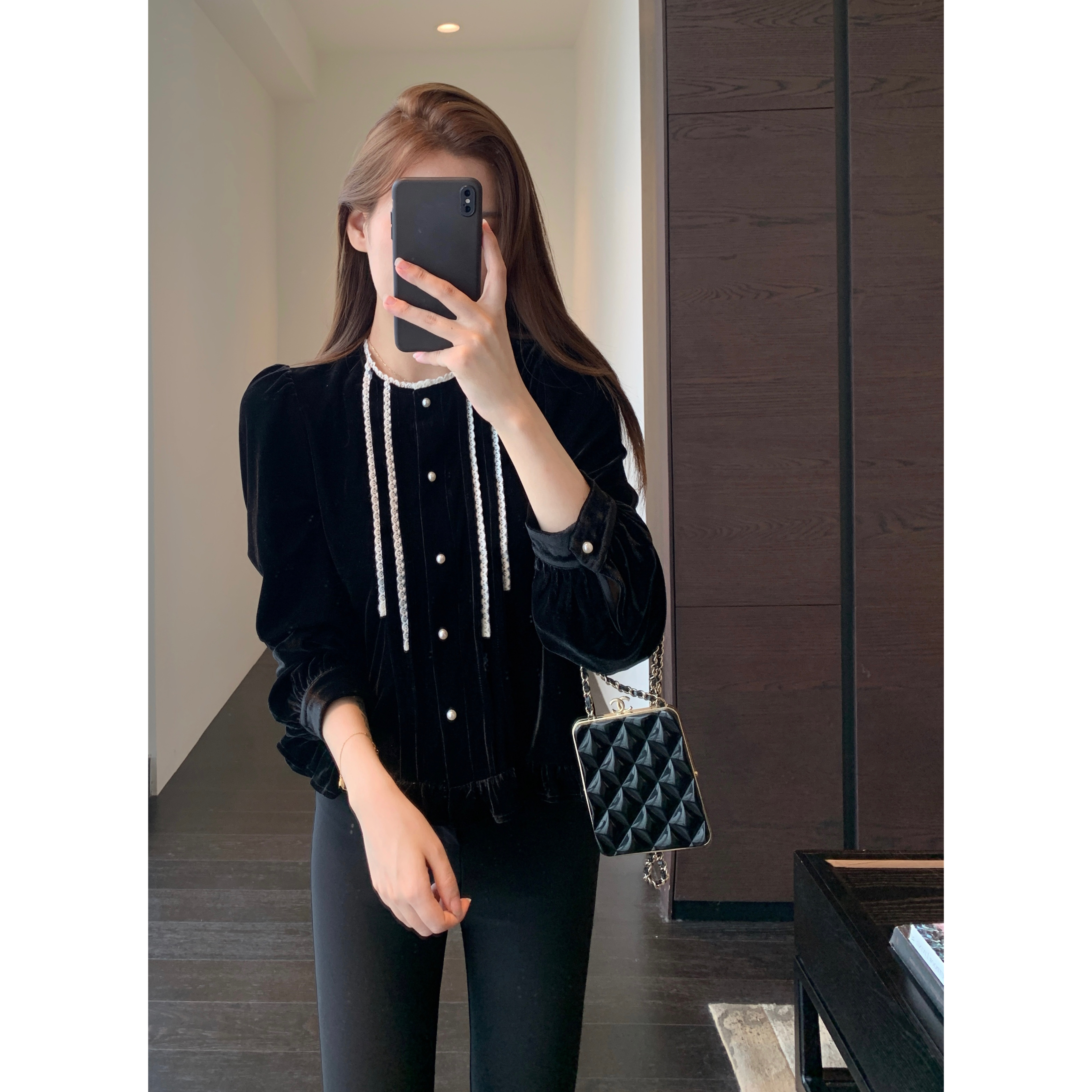 AMR UU◆法式小衫 时髦蕾丝拼接丝绒小衫黑色上衣女2025秋新款