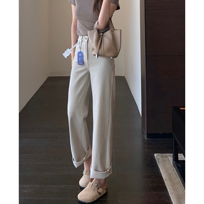 AMR UU◆颜色好美～时髦燕麦色高腰显瘦窄版直筒牛仔裤女春夏新款