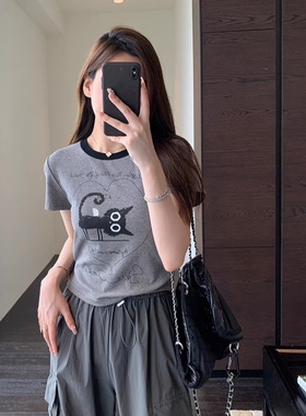 AMR UU◆俏皮减龄 巨洋气小短款显瘦灰色卡通印花短袖T恤女春夏新