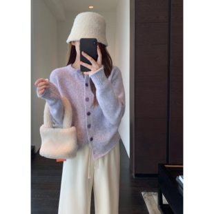 AMR UU◆颜色好美~显白紫色慵懒显瘦毛衣开衫外套女秋冬2025新款