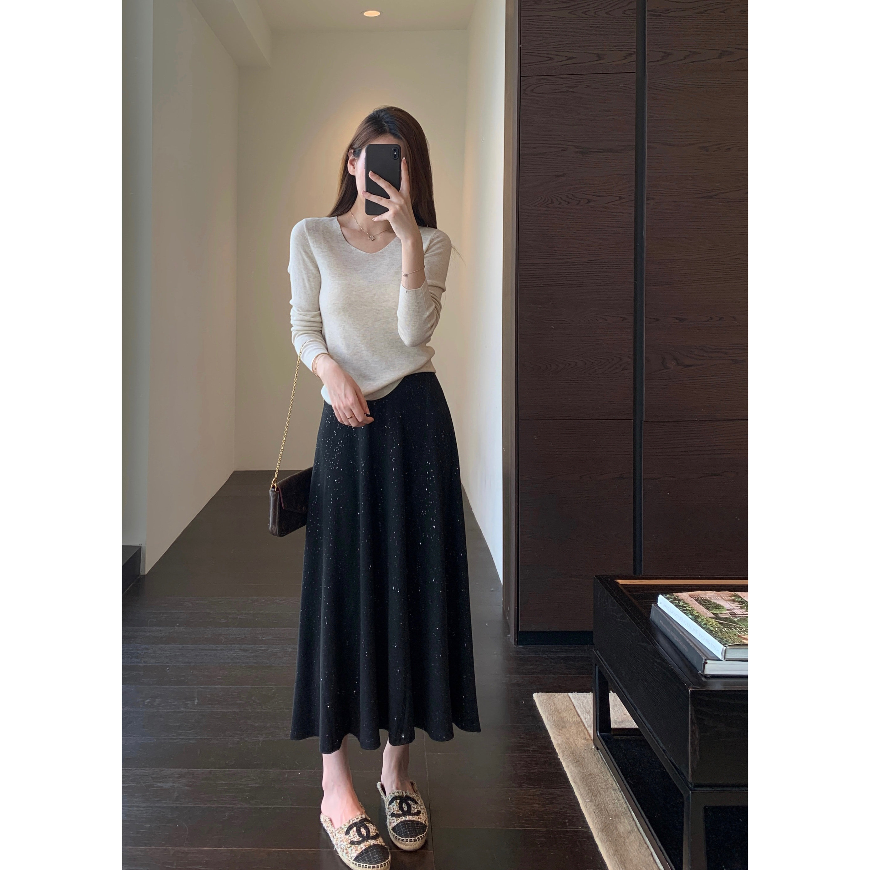 AMR UU◆美爆啦 bling星空半身裙高腰A字裙显瘦小黑裙女秋冬新款