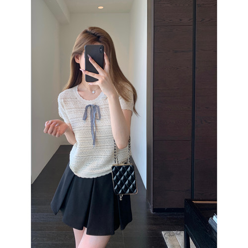 AMR UU◆甜美少女感 镂空提花凉感针织短袖衫蝴蝶结小衫女夏新款