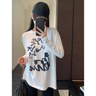 T恤打底衫 慵懒范～时髦涂鸦字母印花长袖 女防晒衣秋冬新 AMR