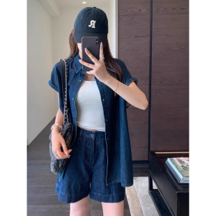 上衣薄衬衫 福利款 短袖 外套女春夏新 ～复古蓝显瘦小飞袖 AMR