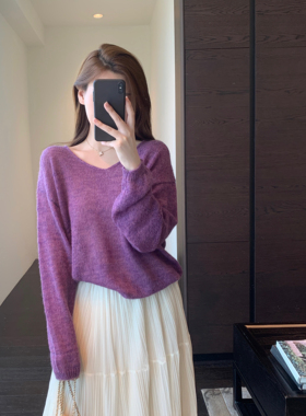 AMR UU◆颜色好美～定染紫色马海毛混纺针织衫显瘦V领毛衣女秋新