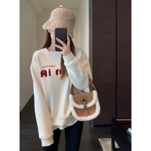 蚕丝羊毛保暖宽松加厚字母圆领卫衣女2025新款 慵懒洋气 AMR