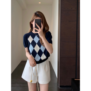 T恤女上衣春夏新款 AMR 复古洋气菱格显瘦针织短袖 减龄时髦