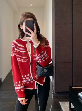 AMR UU◆氛围感 慵懒时髦费尔岛提花针织开衫红色毛衣女外套新款