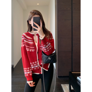 红色毛衣女外套新款 AMR 慵懒时髦费尔岛提花针织开衫 氛围感