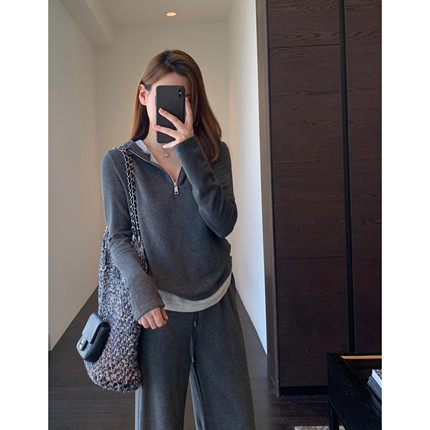 AMR UU◆高品质双面绒保暖显瘦连帽卫衣直筒阔腿裤套装女秋冬新款