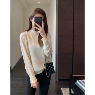 女上衣2026新款 法式 时髦花边设计感半高领针织小衫 甜美 AMR