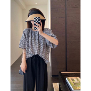 女T恤2026夏新款 复古时髦 显瘦短袖 慵懒范宽松格子小衫 AMR