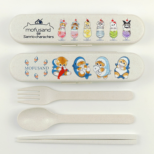 日本MOFUSAND折叠便携餐具鲨鱼猫炸虾猫咪可爱卡通叉勺筷子收纳盒