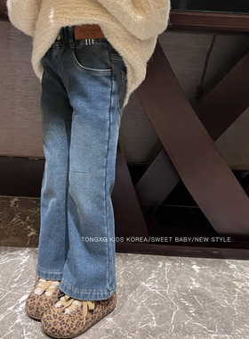 潼小乖定制女童中大童休闲裤子奥利绒蓝色牛仔裤微喇裤子5k030