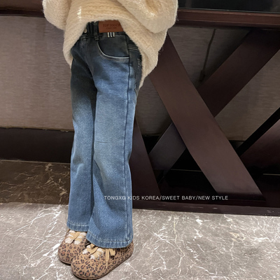 潼小乖定制女童中大童休闲裤子奥利绒蓝色牛仔裤微喇裤子5k030