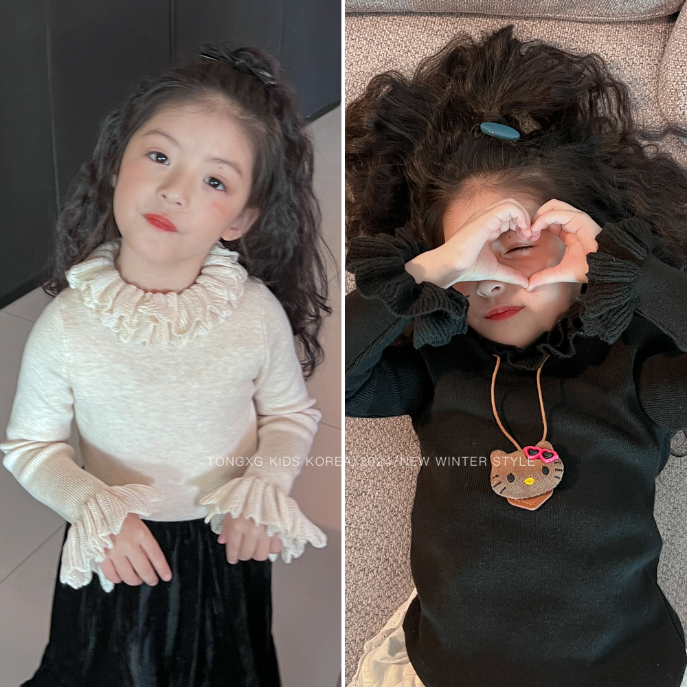 潼小乖童装品牌韩国羊毛混纺中大童女童木耳边毛衣2025秋冬针织衫
