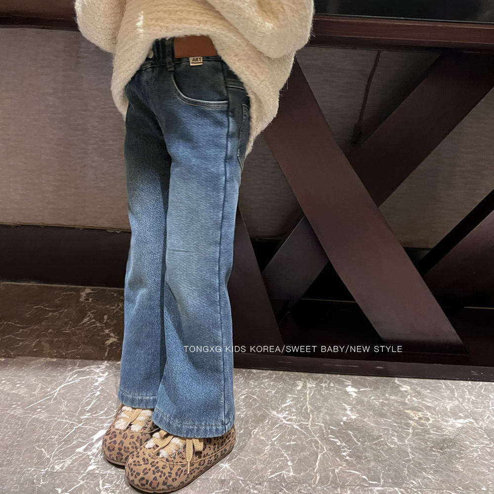 潼小乖定制女童中大童休闲裤子奥利绒蓝色牛仔裤微喇裤子5k030