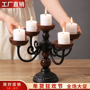 中古风高级感黑色金属胡桃木色三五头蜡烛台法式复古餐桌装饰摆件
