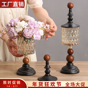 中古风高级感黑色金属水晶玻璃高脚花瓶法式客厅餐桌复古装饰摆件