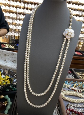 中古Vintage真金电镀法式复古天然白贝山茶花珍珠项链耳钉戒指套