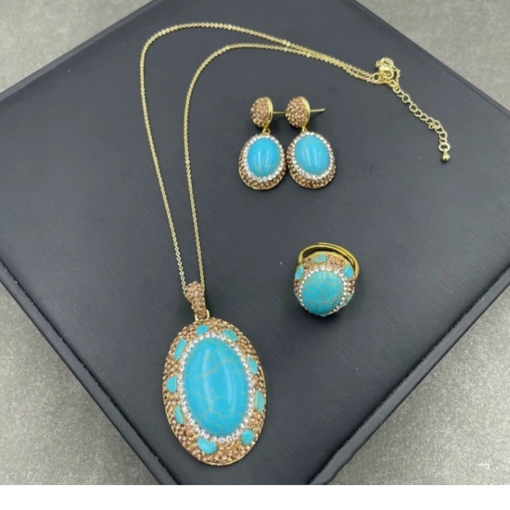 新款蓝色香槟金椭圆松石戒指时尚典雅高级感项链耳饰精致时尚